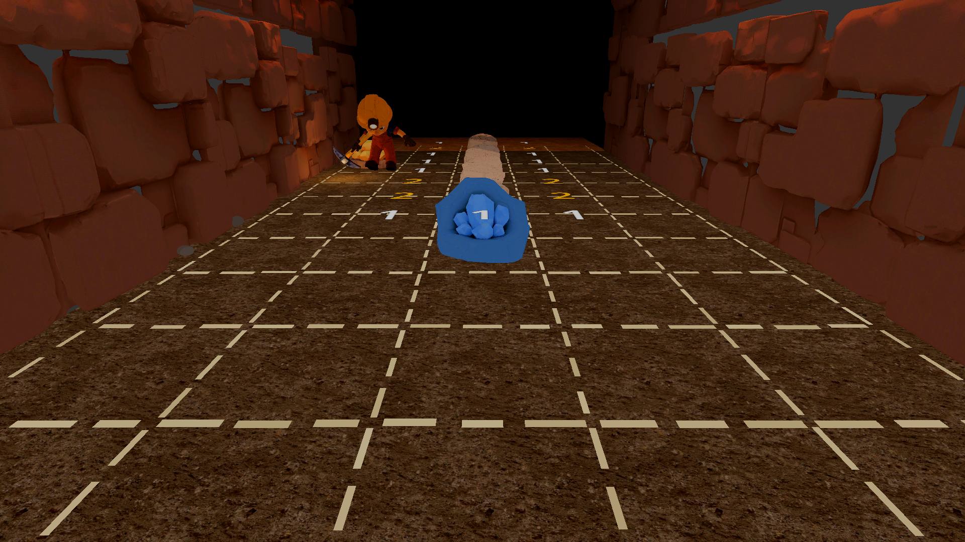 The miner Filon crouched next to a blue gem, in the center of a gallery with the numbered minesweeper board
