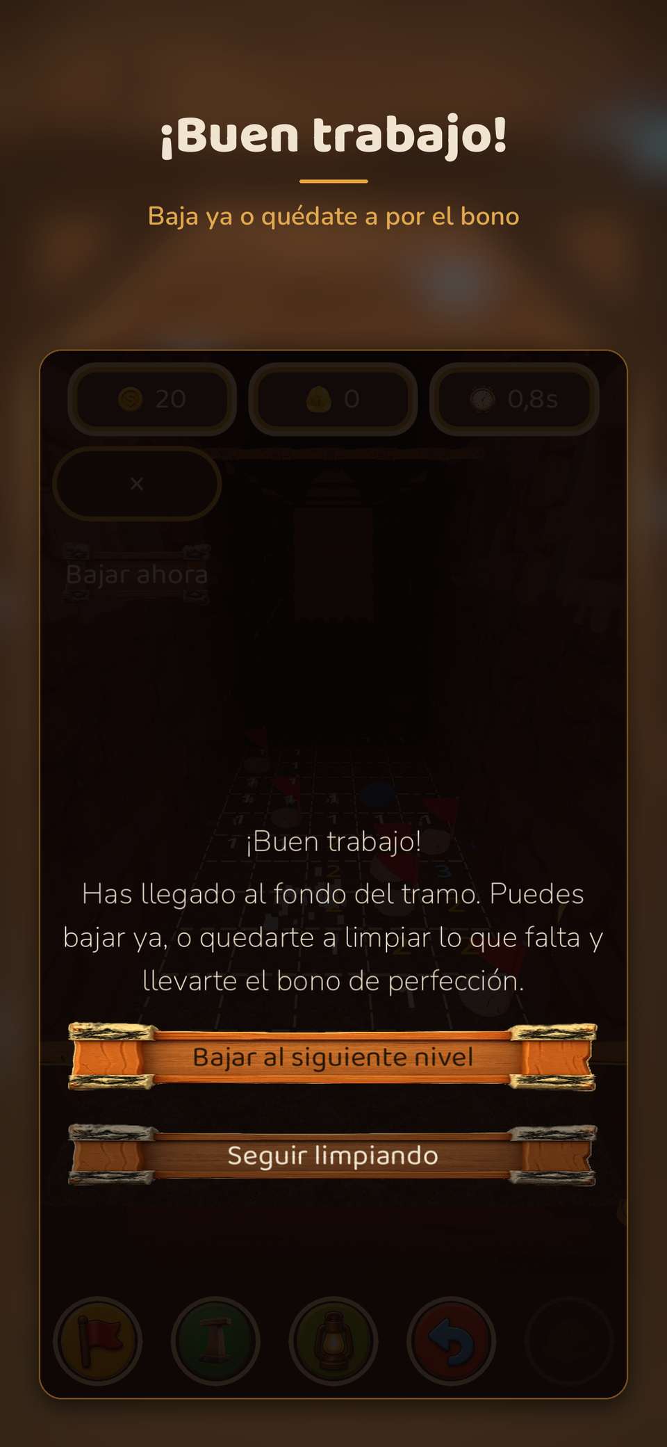 Lámina de Filon con el titular «¡Buen trabajo!» y la pantalla de fin de tramo, con la opción de bajar o quedarse a por el bono de perfección