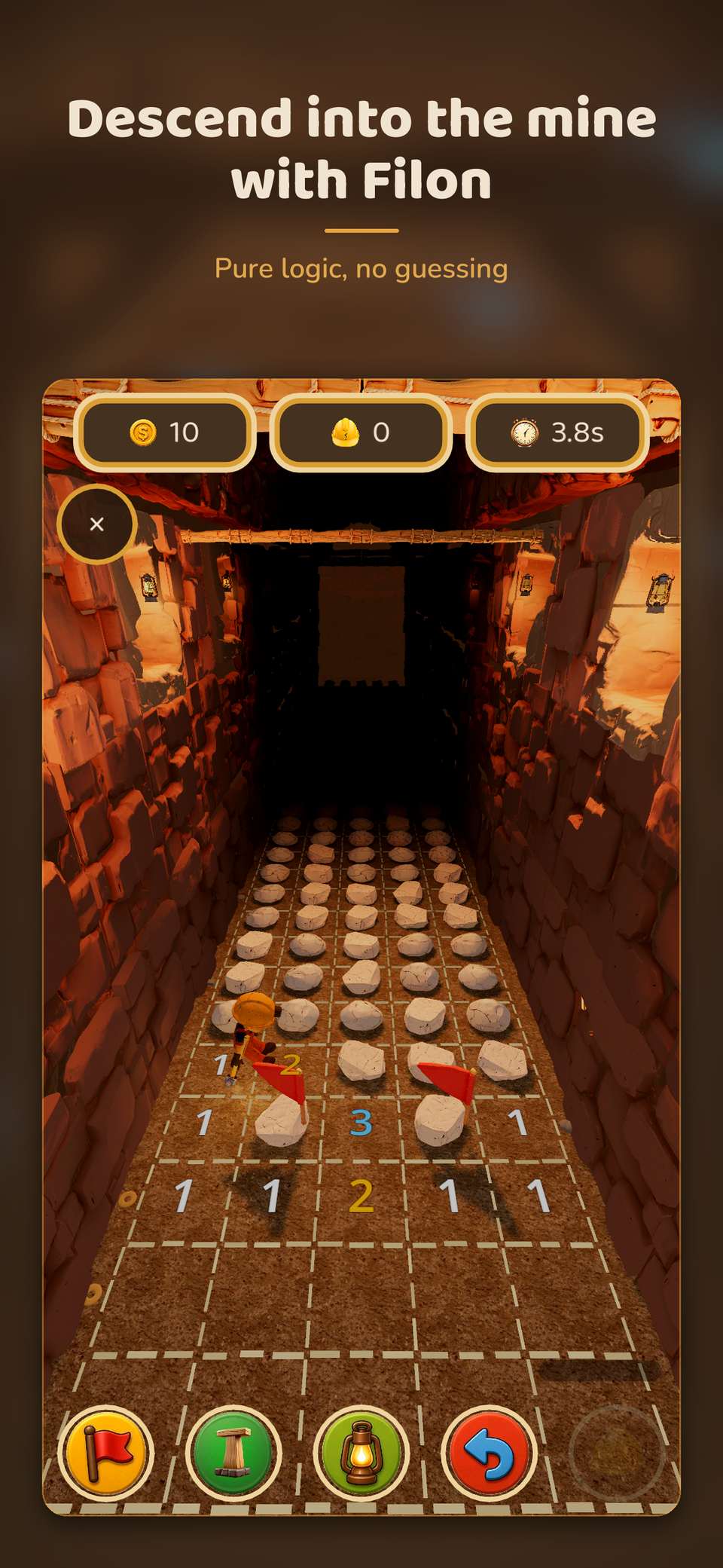 Filon poster with the headline “Descend into the mine with Filon” over a 3D mine tunnel with a numbered board and flags