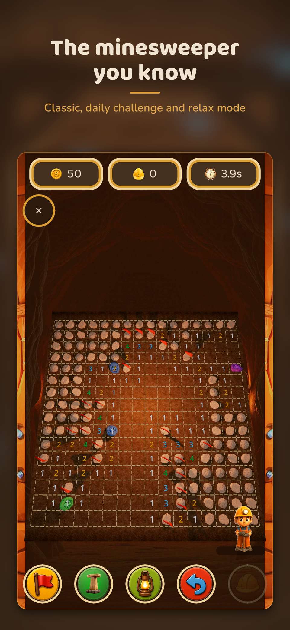 Filon poster with the headline “The minesweeper you know” over a classic board with flags and gems