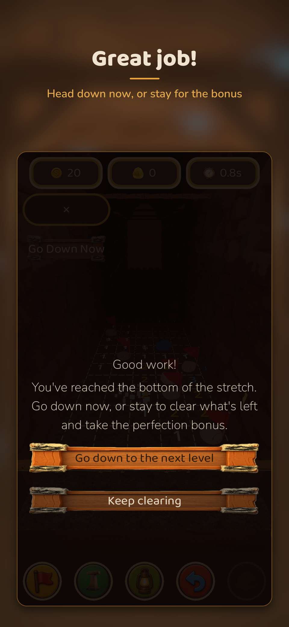 Filon poster with the headline “Great job!” and the end-of-stretch screen, with the option to head down or stay for the perfection bonus