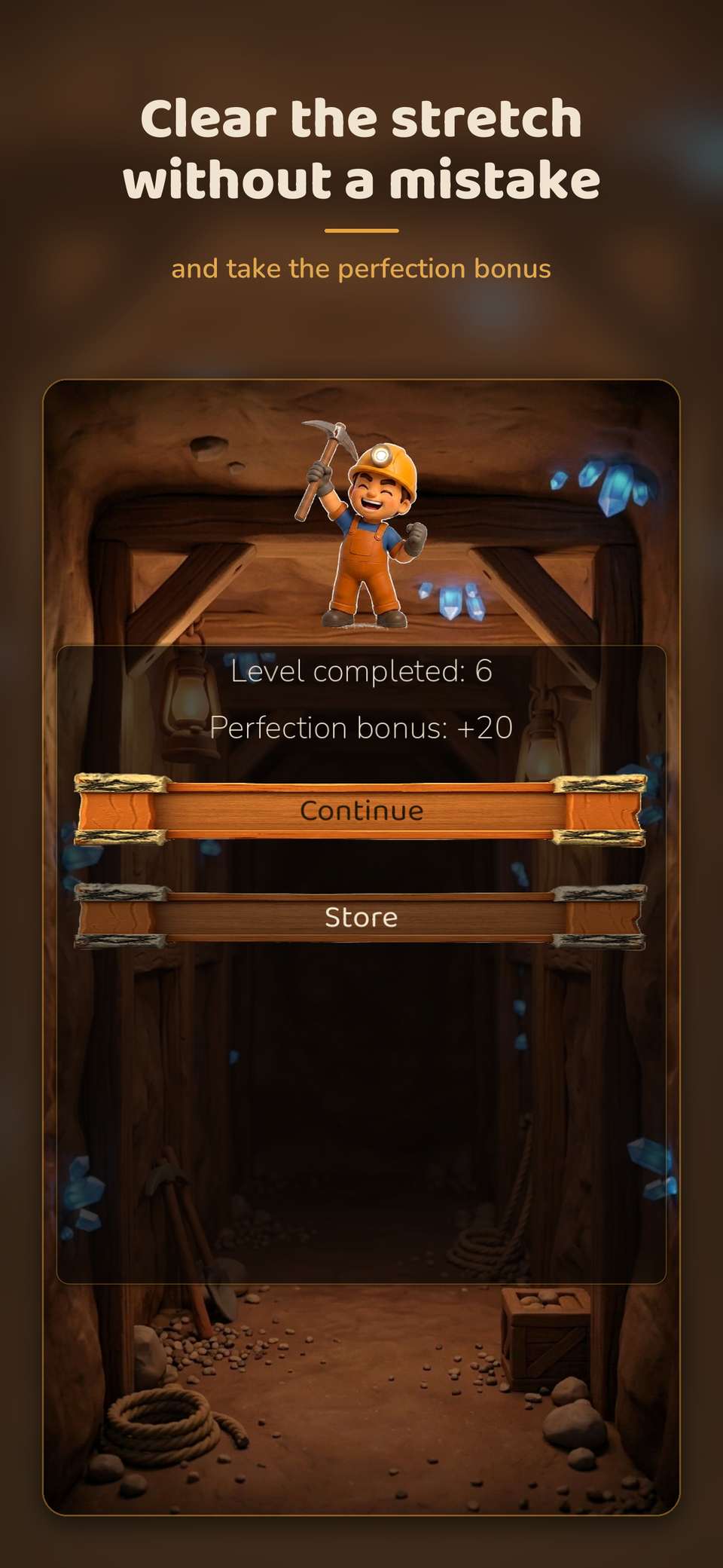 Filon poster with the headline “Clear the stretch without a mistake” and the victory screen, with the miner celebrating next to the perfection bonus