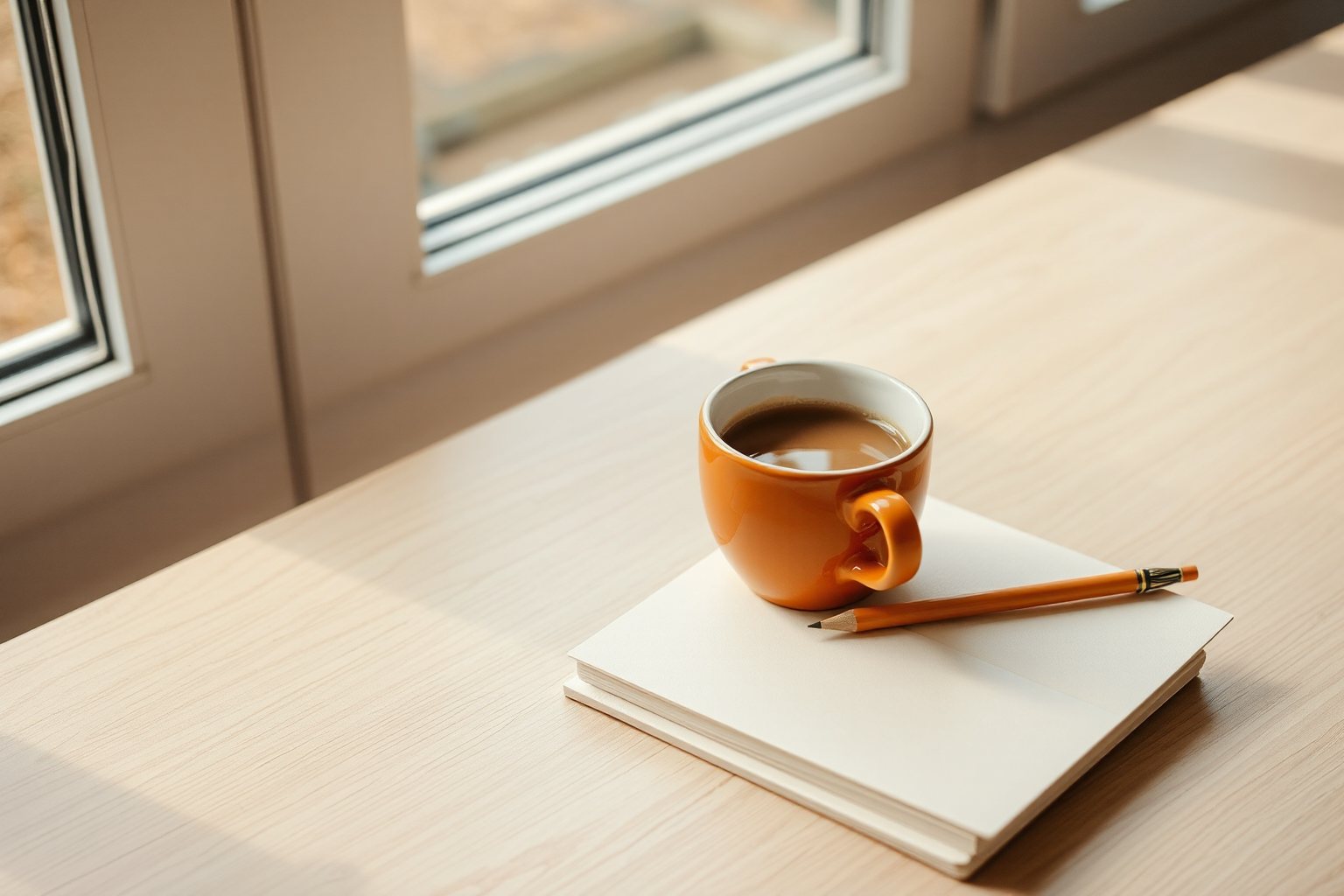 A cup of coffee on a closed notebook, with a pencil, on a table by the window