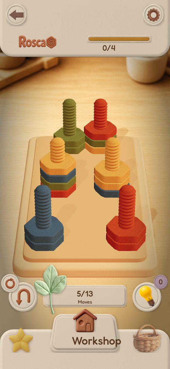 A Rosca game halfway solved, with stacks of colored nuts