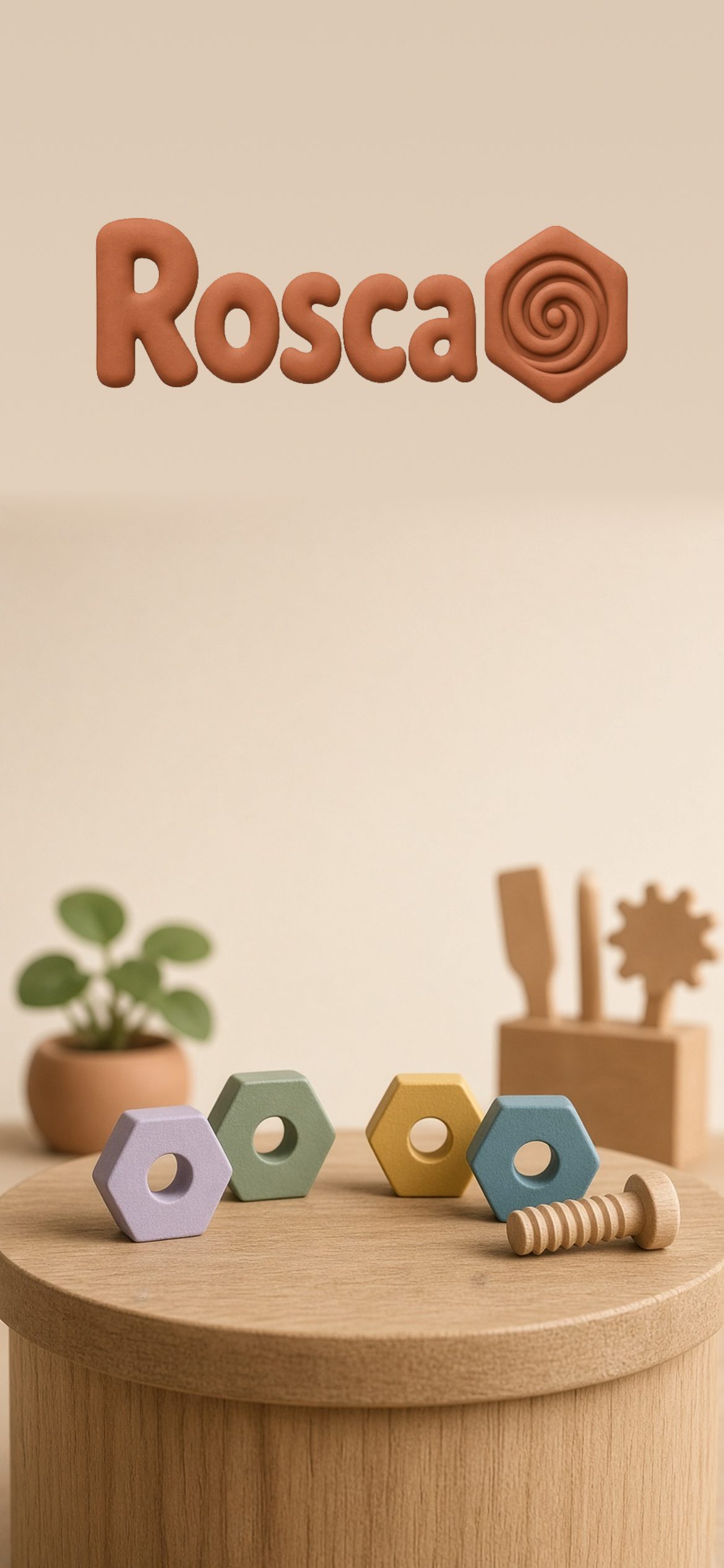Welcome screen of Rosca: the game logo over a wooden workshop with colored nuts