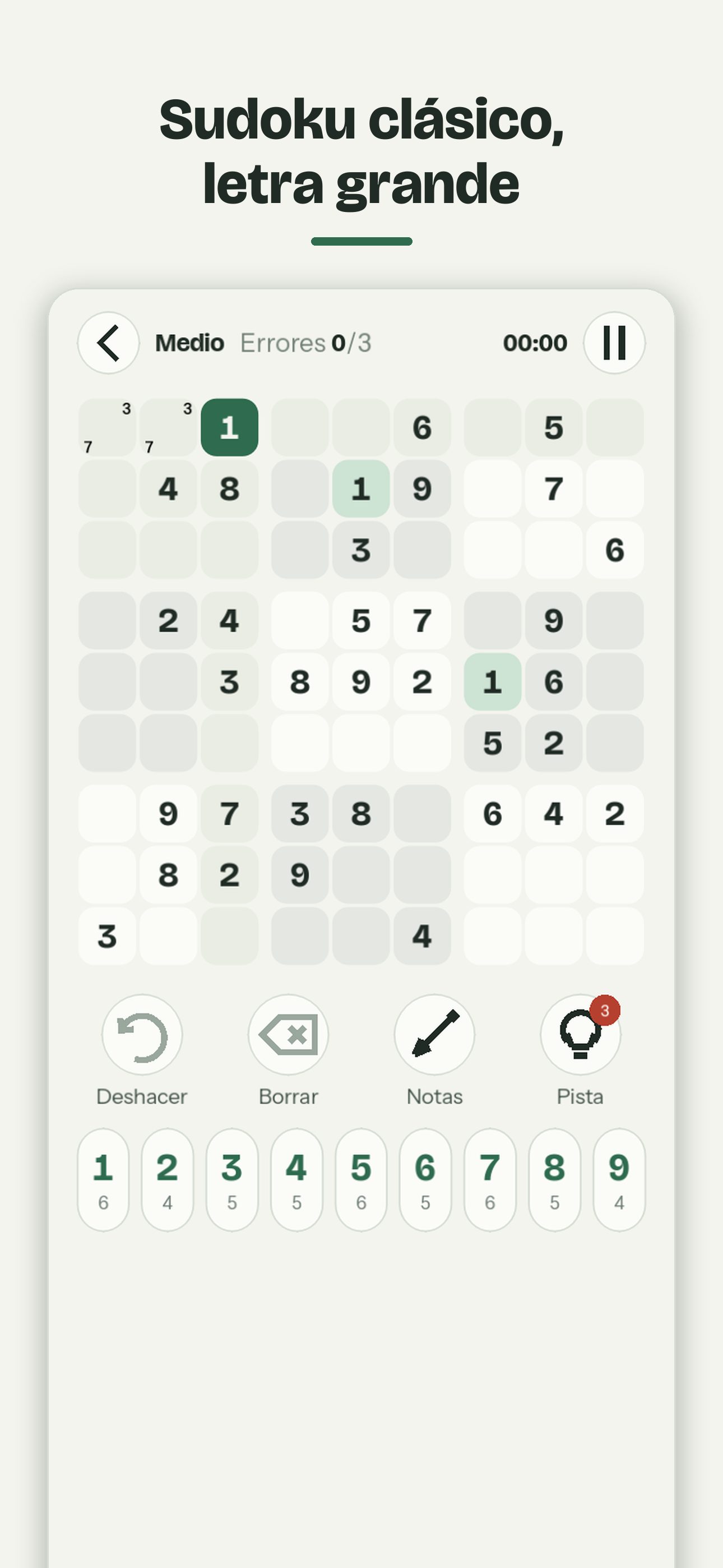 Tablero de sudoku de Sereno con notas y números resaltados
