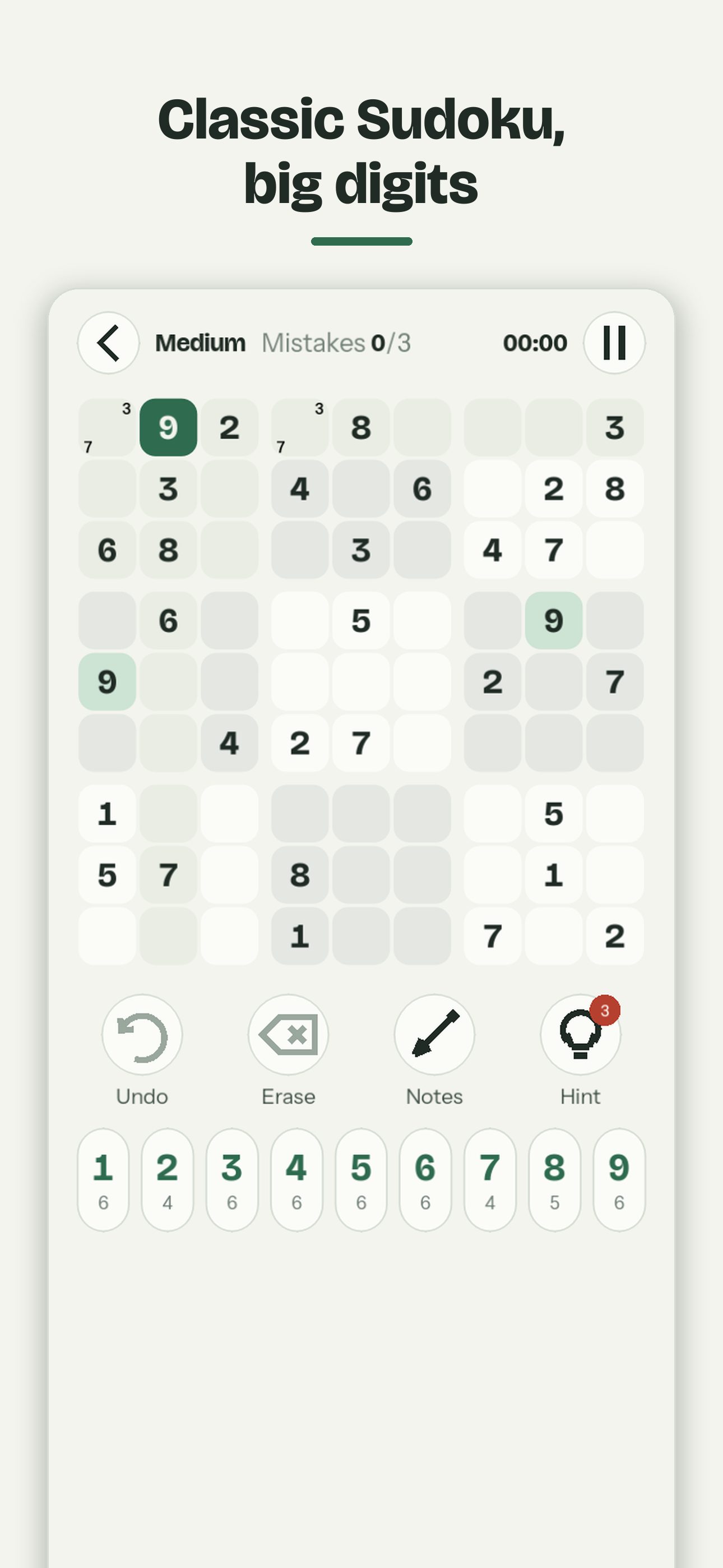 Sudoku board in Sereno with notes and highlighted numbers
