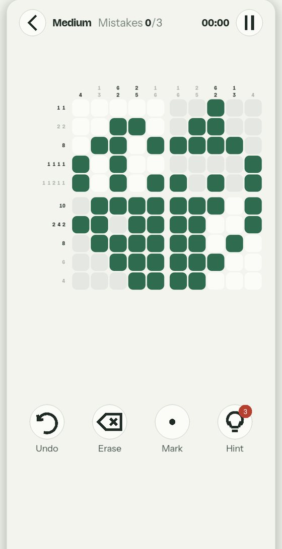 A nonogram game with the clues for each row and column
