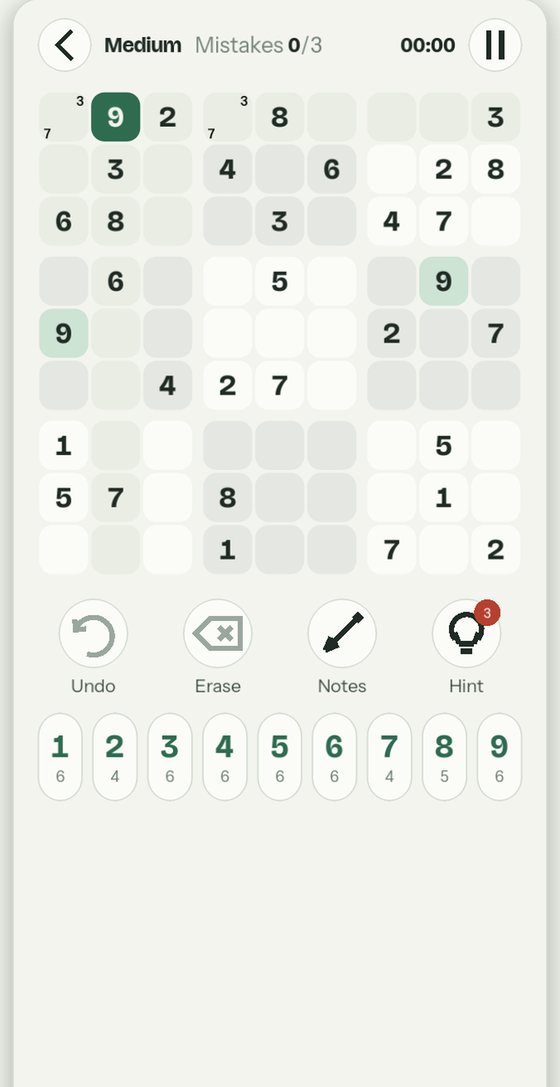 A sudoku game in progress, with notes and highlights