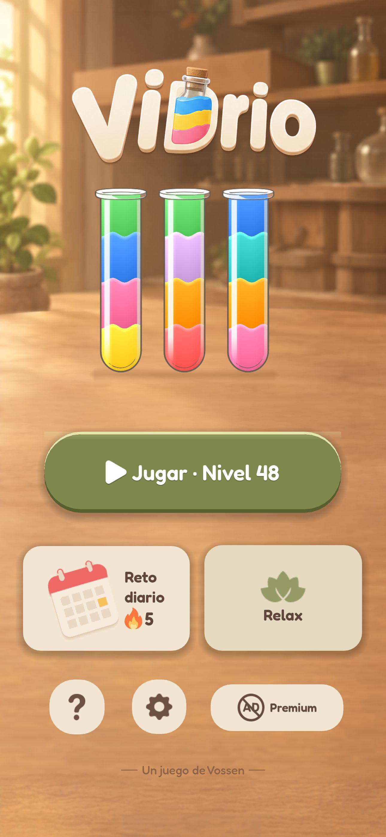 Menú principal de Vidrio con el botón Jugar, el reto diario, Relax y la firma «Un juego de Vossen»