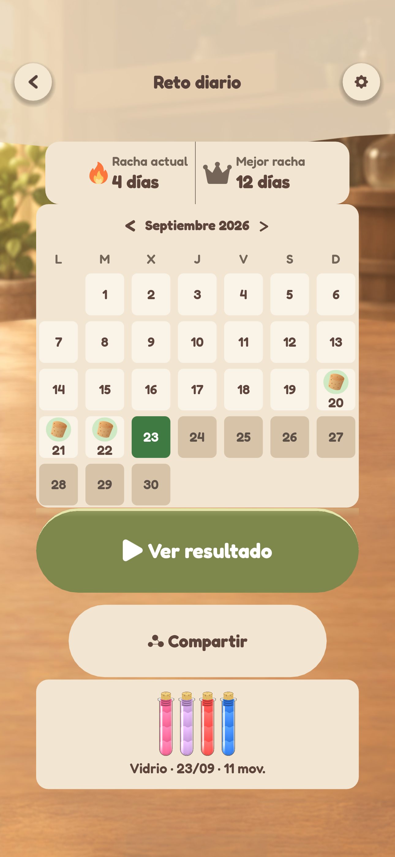 Reto diario de Vidrio con la racha actual, la mejor racha y el calendario del mes