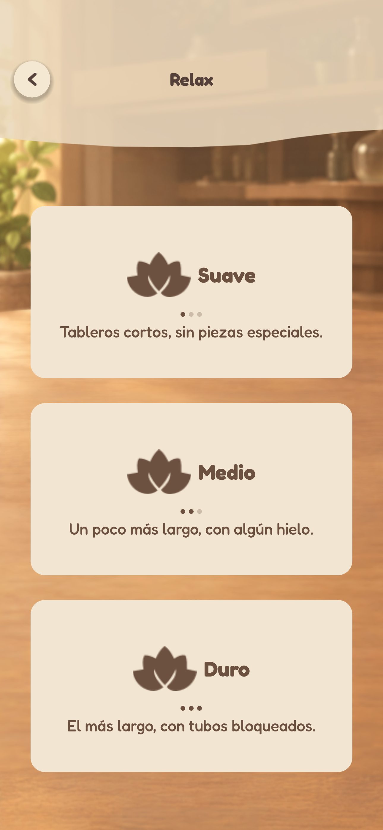 Modo Relax de Vidrio con tres dificultades: Suave, Medio y Duro