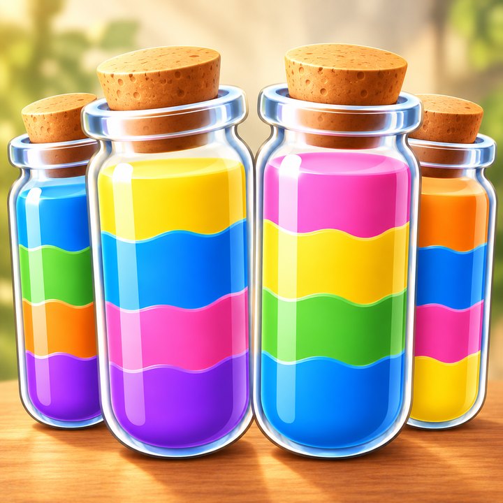 Four glass tubes with colored liquids and cork stoppers on a wooden table