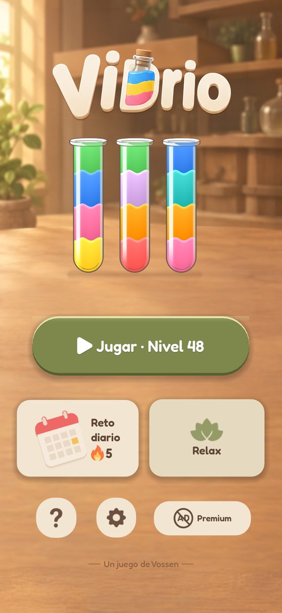 Menú principal de Vidrio con el botón Jugar, el reto diario, Relax y la firma «Un juego de Vossen»